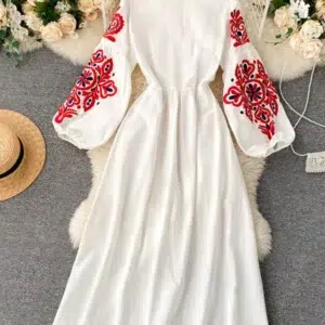 Women Autumn Dresses Bohemian Embroidered Flower O-Neck Lantern Sleeve High Waist Pleated Dress All-match Female Vestidos PL393