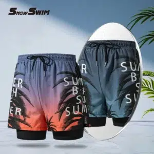 Double-layer Swim Trunks for Men Boxer Shorts Anti-embarrassment Lined with Professional Beach Pants Adult Swim Gear