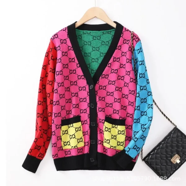 Sweater cardigan small fragrance style V-neck color blocked pocket long sleeved knitted cardigan women's fashionable loose top - Image 5