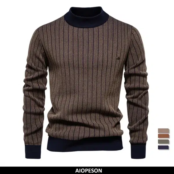 AIOPESON New Design Mens Mock Neck Cotton Pullover Sweaters Autumn Winter Warm Stripped Sweater for Men