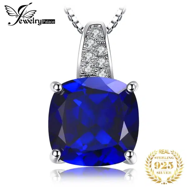 JewelryPalace Cushion 4.7ct Created Blue Sapphire 925 Sterling Silver Pendant Necklace for Women Gemstone Choker No Chain