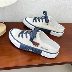 Summer Bear Canvas Shoes Women Korean Breathable Casual Sport Fashion Lace Up Flat Tennis Sneakers Female Vulcanized