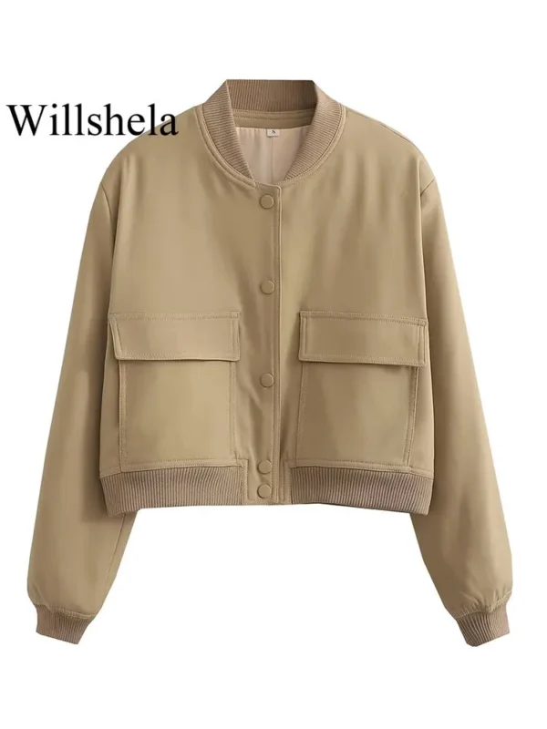 Willshela Women Fashion Solid Bomber Jackets Coat With Pockets V-Neck Single Breasted Long Sleeves Female Chic Lady Outfits - Image 2