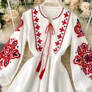 Women Autumn Dresses Bohemian Embroidered Flower O-Neck Lantern Sleeve High Waist Pleated Dress All-match Female Vestidos PL393