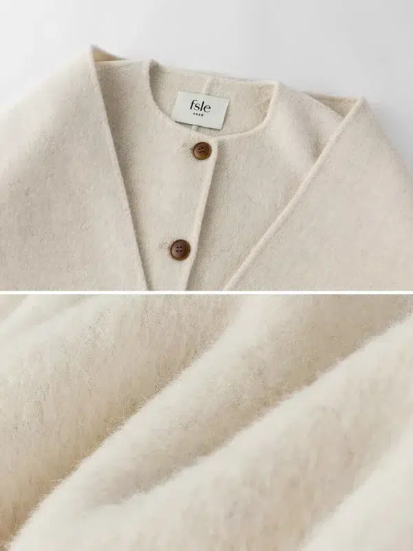 FSLE 100% Wool Camel Color Short Scarf Collar Coat For Women 89.3% Wool 10.7% Lyocell Beige Round Neck Short Female Woolen Coats - Image 4