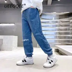 Spring Autumn Children Jeans 4-14Y Boys Cotton Print Splice Stretch Denim Pants Korean Teenage Trousers Wear Kids Clothing New