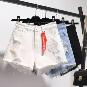 Summer ripped denim shorts women's Korean version of loose wide leg blue hot pants light thin hair edge ultra short pants