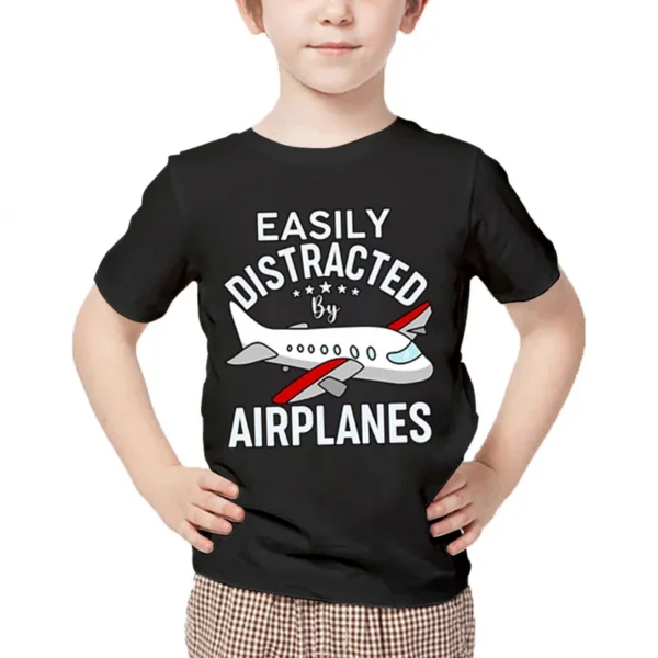 New Aircraft Children T-Shirt Easily Distracted By Airplanes Print T Shirt Harajuku Fashion Plane Tees Girl Boy Cartoon Tshirt