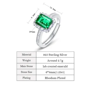 ALLNOEL Solid 925 Sterling Silver Open Rings For Women 6*8mm Lab Created Emerald Luxury Wedding Fine Jewelry Gifts For Her New