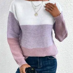 Elegant Three-color Patchwork Sweater Women Daily Commuter Casual Loose Jumpers Female Autumn Winter Knitted Thickened Warm Tops