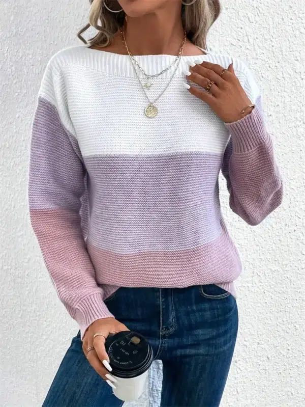 Elegant Three-color Patchwork Sweater Women Daily Commuter Casual Loose Jumpers Female Autumn Winter Knitted Thickened Warm Tops - Image 3