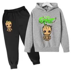 Kawaii Baby Groot Print Hoodie Children's Fashion Street Hoodie+Pants Suit Casual Jogging Sweatshirt I Am Groot Funny Cartoon G