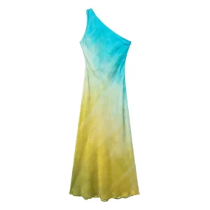 Taop&Za women's clothing 2024 summer new fashion temperament elegant satin texture asymmetric collar tie-dye dress 8247/490