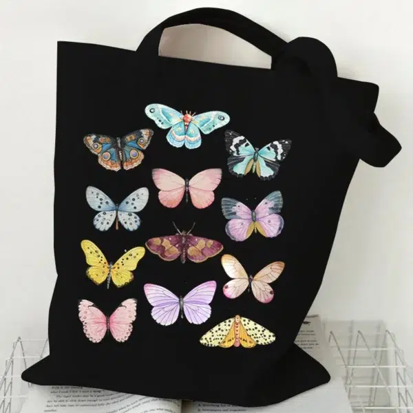 Flower Butterfly Design Canvas Shopping Bag Hot Selling Fashion Reusable Women Tote Bags Butterfly Lover Folding Shopping Bags