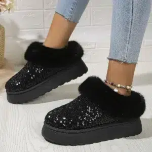 Ankle Snow Boots Women Winter 2024 New Fashion Shiny Fur Short Plush Warm Flats Slippers Platform Shoes Indoor Cotton Flip-Flops