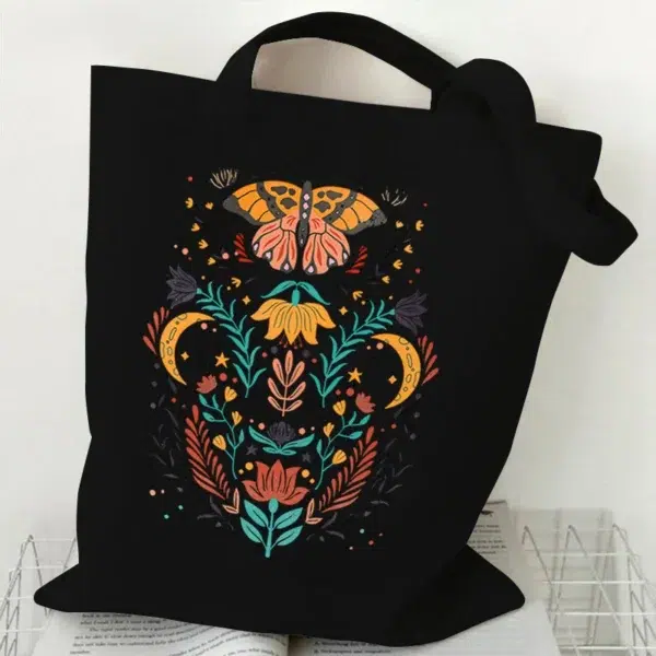 Flower Butterfly Design Canvas Shopping Bag Hot Selling Fashion Reusable Women Tote Bags Butterfly Lover Folding Shopping Bags - Image 3