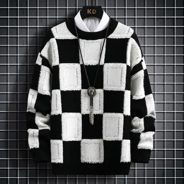 Brand Clothing Men Loose Knit Sweaters Men's High Quality Round Neck Plaid Pullover/Man Fashion Harajuku Warm Cashmere Sweaters - Image 4