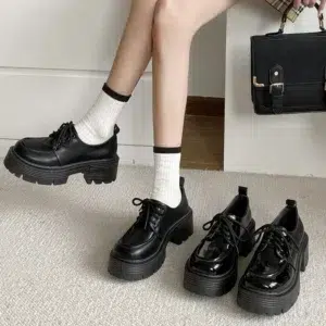 Lucyever Patent Leather Platform Loafers Women 2023 Preppy Style Lace Up Oxford Shoes Woman Black Thick Bottom Y2K Shoes Female