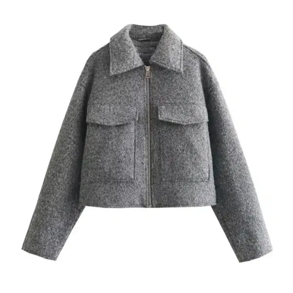 TRAF Autumn Winter Cropped Jacket for Women Short Coat Tweed Jacket Zip Crop Demi-season Jacket Woman New in outerwears - Image 5