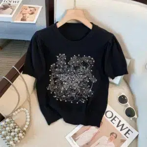 Sweater Women's Street Fashion Pullover 2024 New Round Neck Short Sleeves With Diamond Chic Embroidery Star Pink Knitted T Shirt