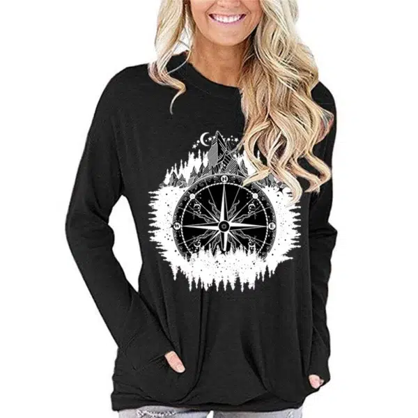 Trendy Women's Long Sleeve T-shirt Mountain Compass Graphic Tee Forests Moon Design T-shirt Female Compass Hiking Fall Clothes - Image 2