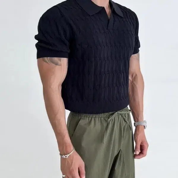 Men's Knitted Jacquard Polo Shirt Casual Stripe V-Neck Solid Color Short Sleeve T-Shirt Breathable Light Luxury Clothing - Image 3