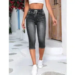 Women Denim Jeans Shorts Drawtring High Waist Stretch knee Length Ripped Hole Short Jean Pants