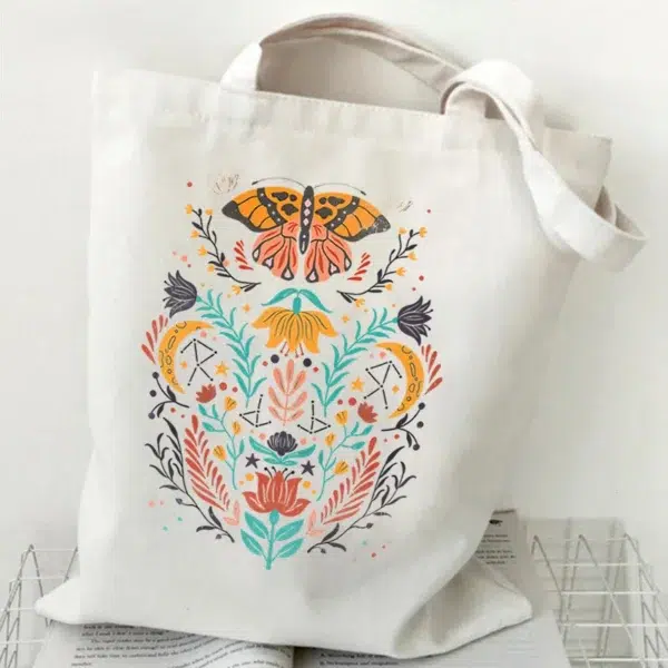 Flower Butterfly Design Canvas Shopping Bag Hot Selling Fashion Reusable Women Tote Bags Butterfly Lover Folding Shopping Bags - Image 6