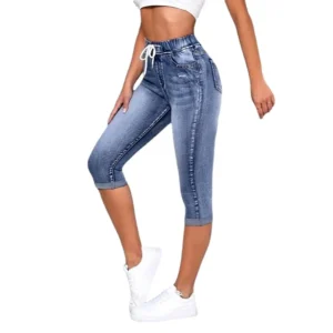 Women Denim Jeans Shorts Drawtring High Waist Stretch knee Length Ripped Hole Short Jean Pants