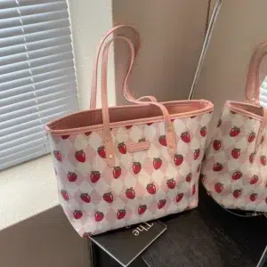 PU Large Capacity Tote Bags Zipper Strawberry Commuting Fresh Fashion Shoulder Bags for Women 2024 High Quality Tote