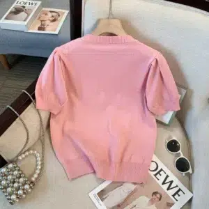 Sweater Women's Street Fashion Pullover 2024 New Round Neck Short Sleeves With Diamond Chic Embroidery Star Pink Knitted T Shirt