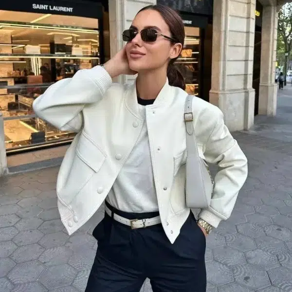 ASDS woman bomber jacket coat White autumn winter button baseball aviator cropped jackets for women long sleeve crop outerwear - Image 5