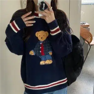 Korean Reviews Many Clothes Lazy Knitwear Bear Pullovers Youthful Woman 2024 New Collection Autumn Winter Warm Loose Jerseys