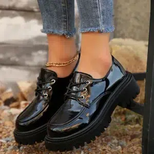 Women's Patent Leather Platform Loafers Round Toe Lace Up Flats Shoes Woman Spring Autumn Non Slip Black Oxfords Shoes Plus Size