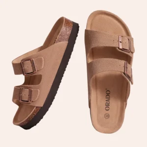 Litfun Women's Cork Footbed Sandals Classic Flat Sandals Fashion Thick Bottom Double Buckle Slides Beach Sandals With Adjustable