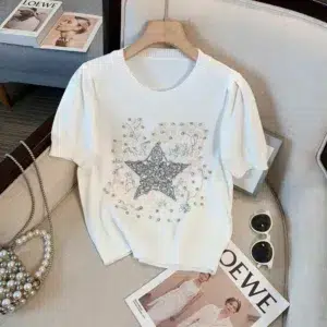 Sweater Women's Street Fashion Pullover 2024 New Round Neck Short Sleeves With Diamond Chic Embroidery Star Pink Knitted T Shirt