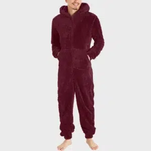 Men Artificial Wool Pajamas Solid Color Zipper Loose Hooded Jumpsuit Winter Warm Rompe One Piece Fleece Plush Sleepwear Clothes