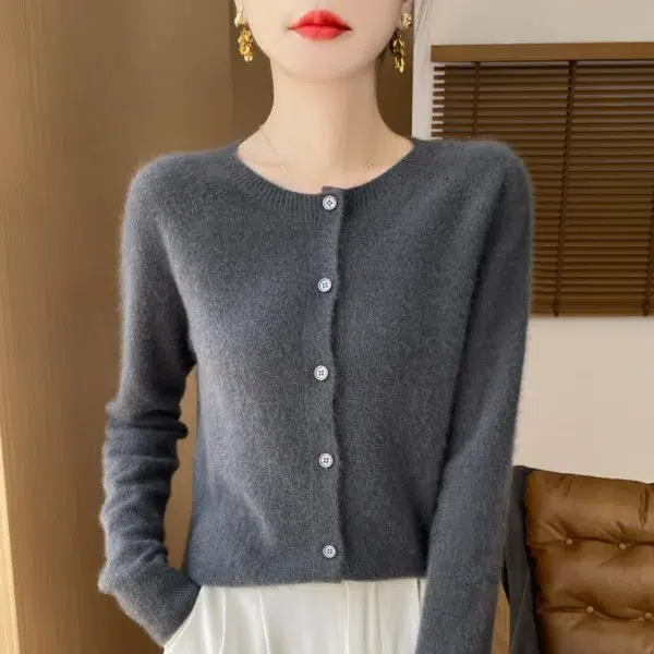 Spring Autumn New Cashmere Sweater 100% Merino Wool Knitted Cardigan Round Neck Long Sleeve Solid Color Coat Top Casual Fashion - Image 3