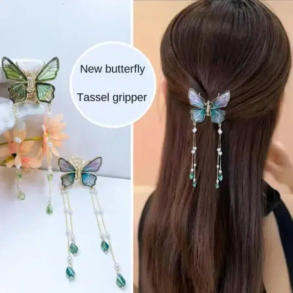 Fashion Elegance Butterfly Tassel Hairpin Headgear For Women Holiday Gift Transparent Shark Clip Back Head Girl Hair Accessories