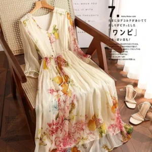 Summer Lady Dress Floral Printing Chiffon V-Neck Dresses Elegant Office Woman Skirt Temperament Casual A-line Long Skirt