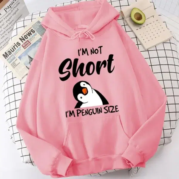 Popular Penguin I'm Not Short Printing Hoodies For Women Autumn Winter Sweatshirt Fashion Hooded Pullover Ladies Streetwear - Image 4