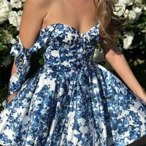 Charming Blue Hydrangea-Patterned Organza Midi Dress