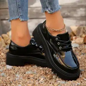 Women's Patent Leather Platform Loafers Round Toe Lace Up Flats Shoes Woman Spring Autumn Non Slip Black Oxfords Shoes Plus Size