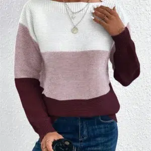 Elegant Three-color Patchwork Sweater Women Daily Commuter Casual Loose Jumpers Female Autumn Winter Knitted Thickened Warm Tops