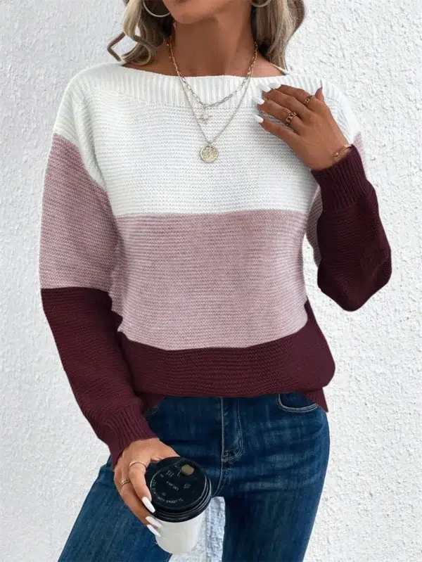 Elegant Three-color Patchwork Sweater Women Daily Commuter Casual Loose Jumpers Female Autumn Winter Knitted Thickened Warm Tops - Image 6