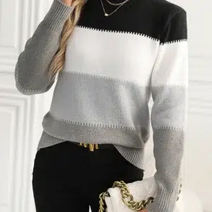 Women Knitted Sweater Soft Contrast Color Pullovers Basic Sweaters Casual Fashion Autumn Winter Women's Clothing Trend 2024