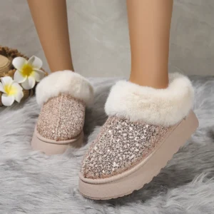 Ankle Snow Boots Women Winter 2024 New Fashion Shiny Fur Short Plush Warm Flats Slippers Platform Shoes Indoor Cotton Flip-Flops