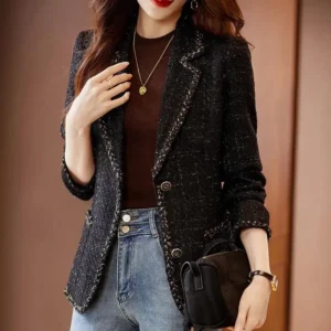 Autumn Winter Ladies Casual Blazer Women Black Green Beige Plaid Jacket Female Long Sleeve Single Breasted Slim Coat