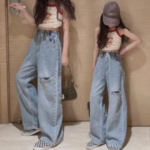 Middle Big Children Fashion Hole Mopping Jeans Girls Foreign Style All-mathc Loose Wide-leg Pants Children Casual Korean Trouser