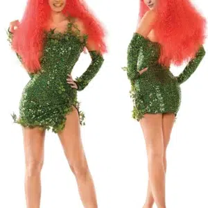 Women's Poisonous Villain Sexy Cosplay Costume Dress Set Halloween Deluxe Green Ivy Costume Sequin Dress